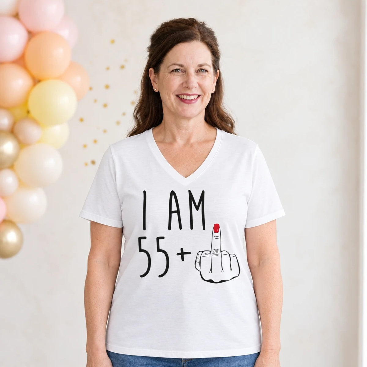 I Am 55 + Middle Finger - Funny 56th Birthday T-Shirt for Women - White V-Neck