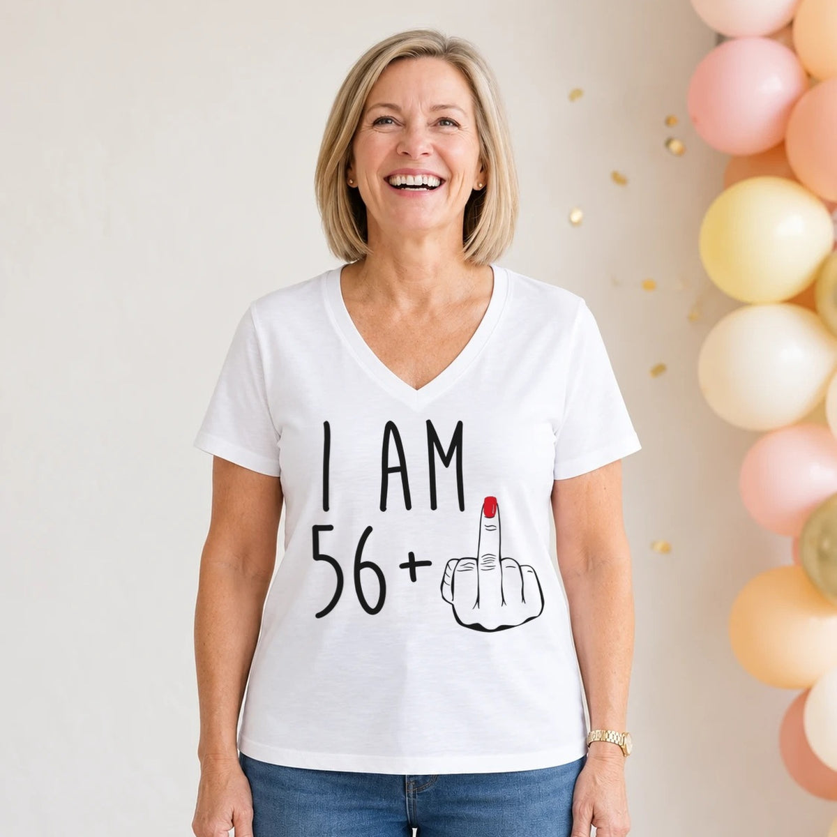 I Am 56 + Middle Finger - Funny 57th Birthday T-Shirt for Women - White V-Neck