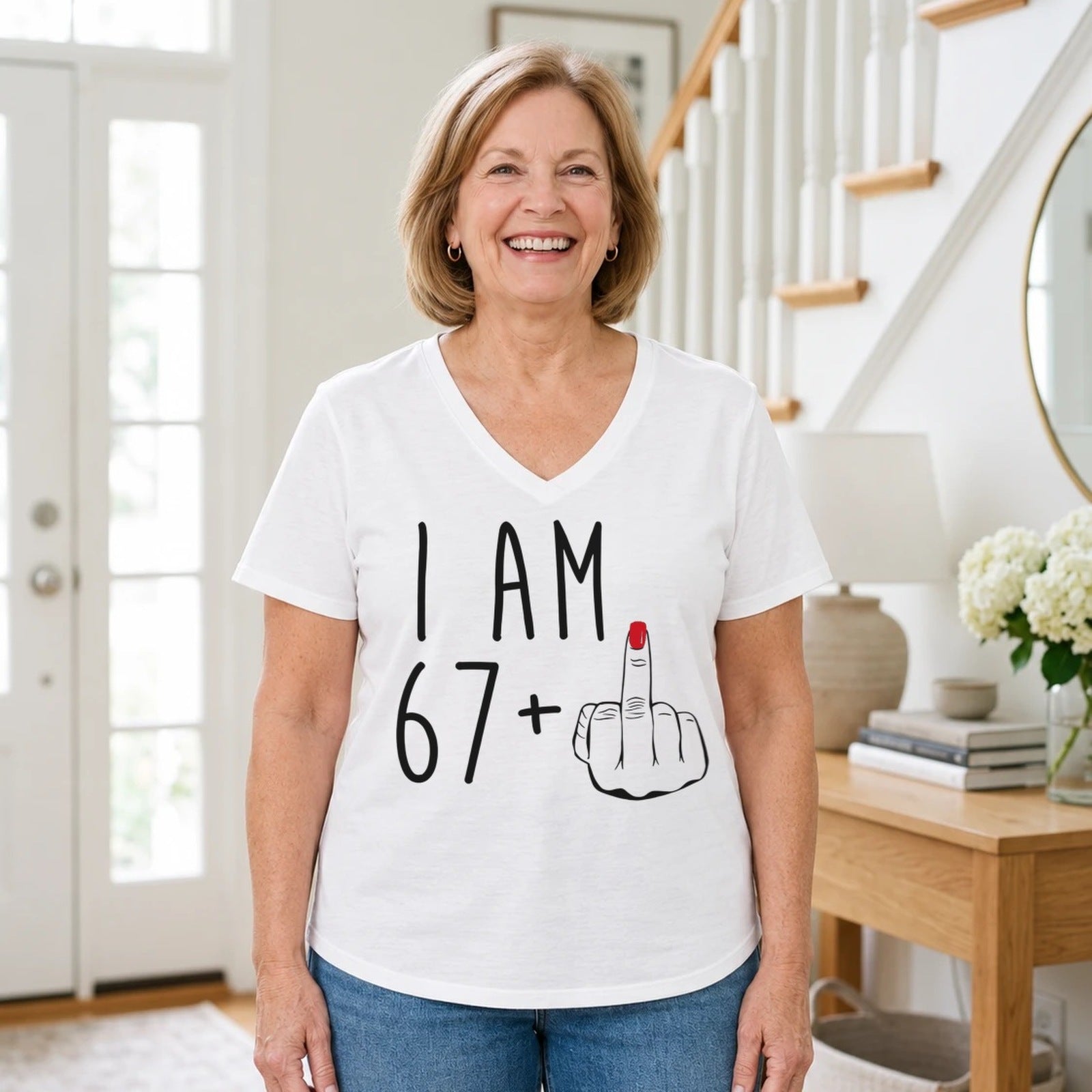I Am 67 + Middle Finger - Funny 68th Birthday T-Shirt for Women - White V-Neck