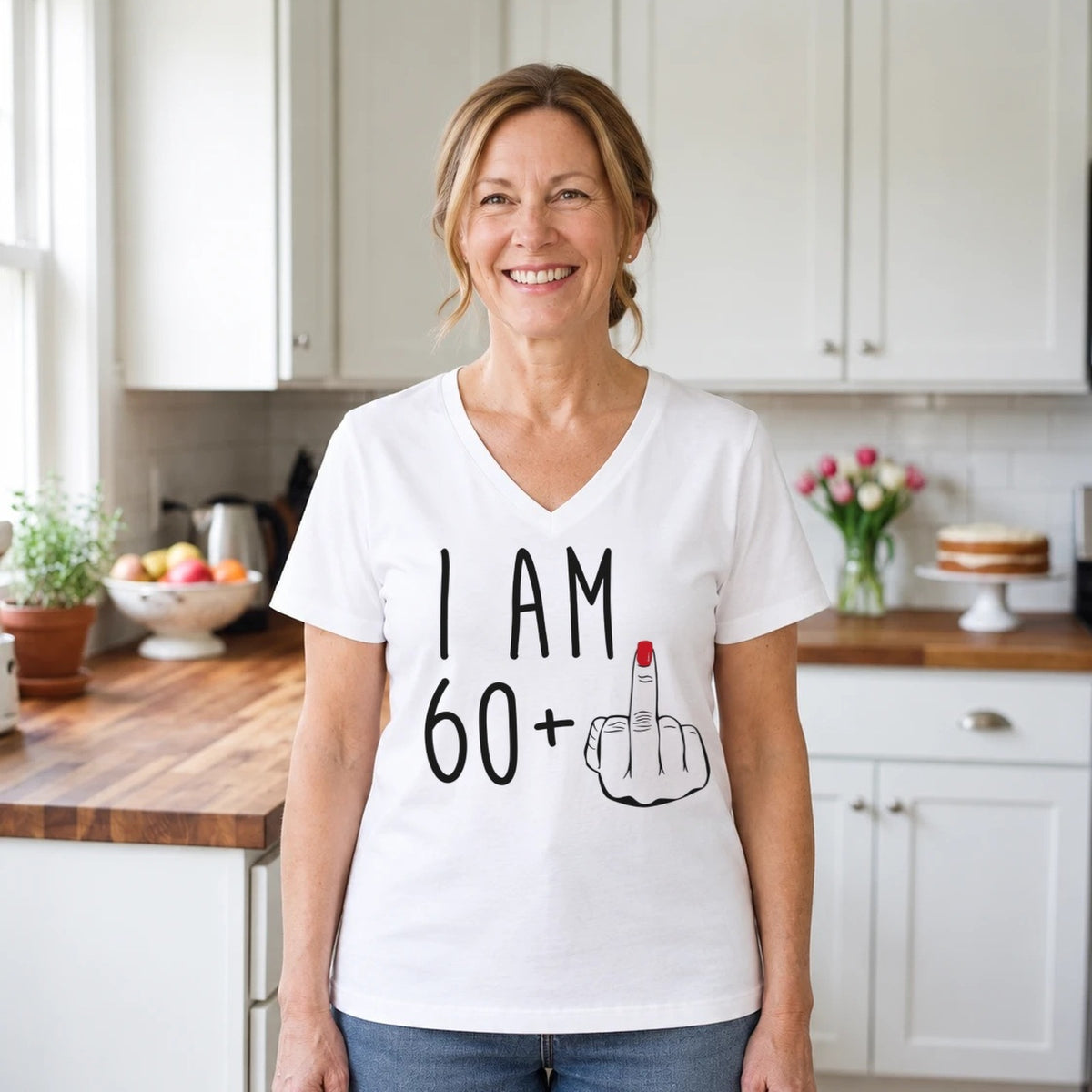 I Am 60 + Middle Finger - Funny 61st Birthday T-Shirt for Women - White V-Neck