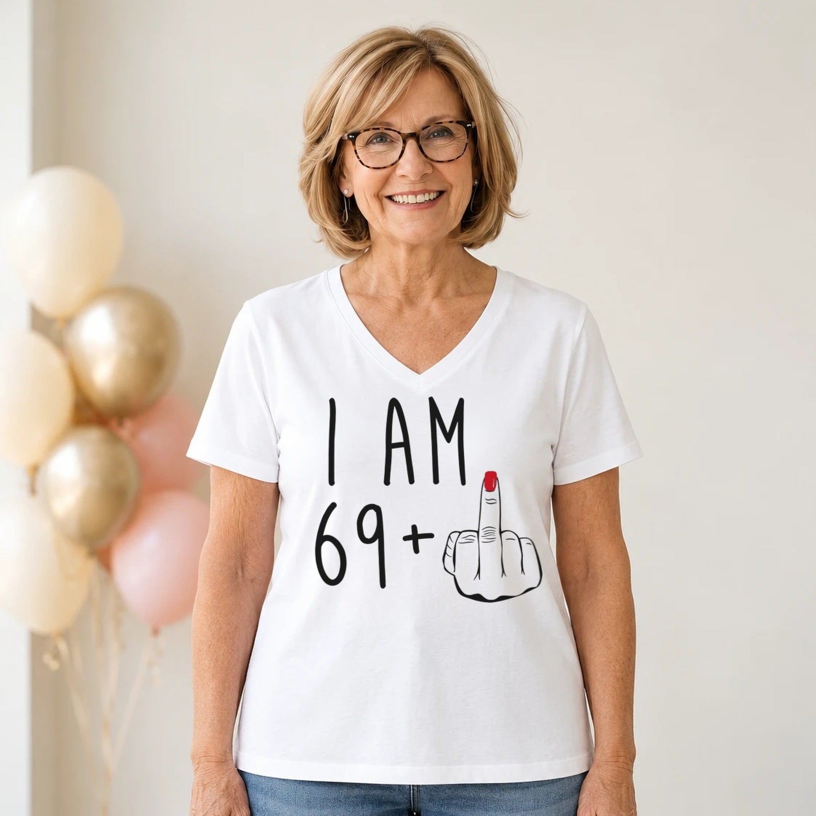 I Am 69 + Middle Finger - Funny 70th Birthday T-Shirt for Women - White V-Neck