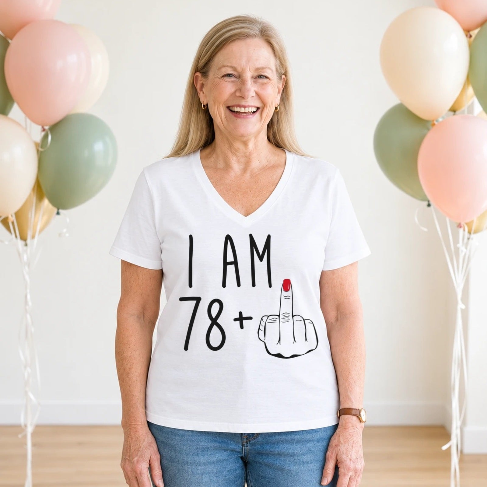 I Am 78 + Middle Finger - Funny 79th Birthday T-Shirt for Women - White V-Neck