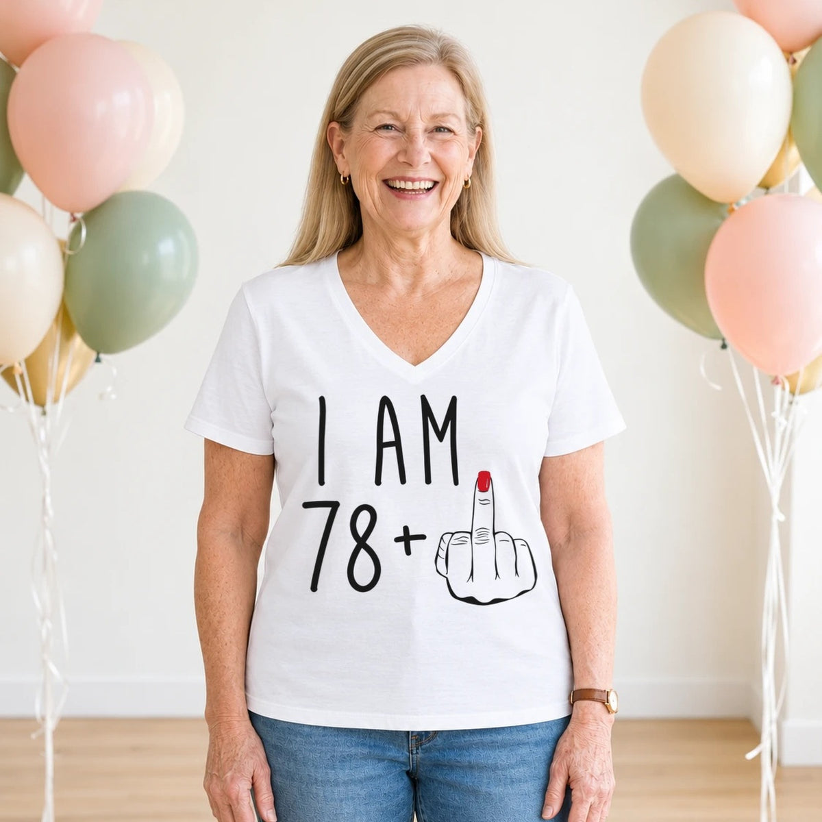 I Am 78 + Middle Finger - Funny 79th Birthday T-Shirt for Women - White V-Neck