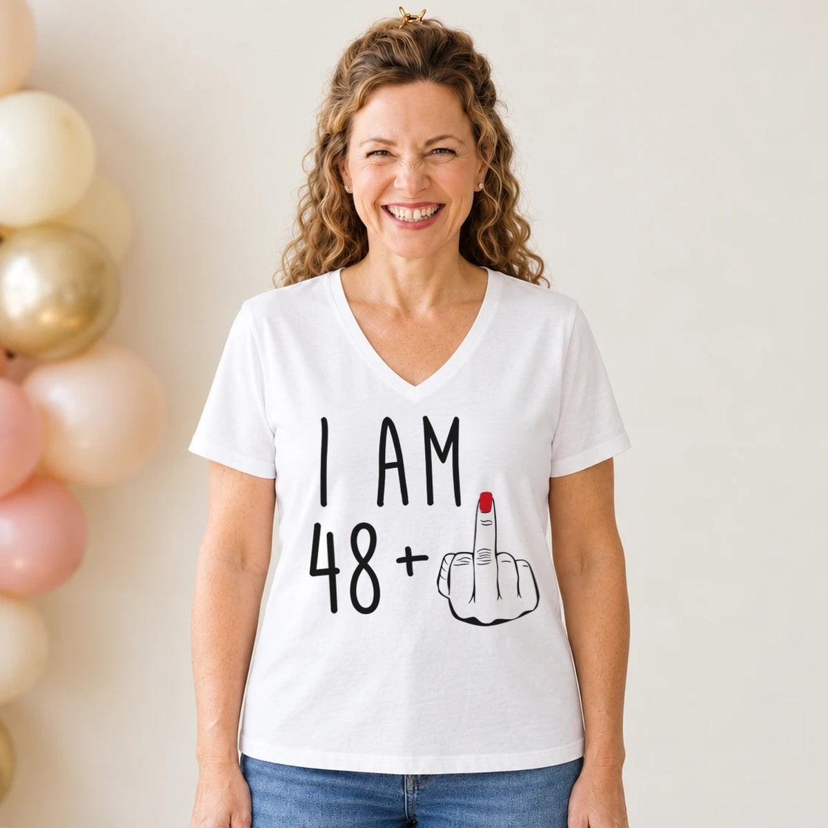 I Am 48 + Middle Finger - Funny 49th Birthday T-Shirt for Women - White V-Neck
