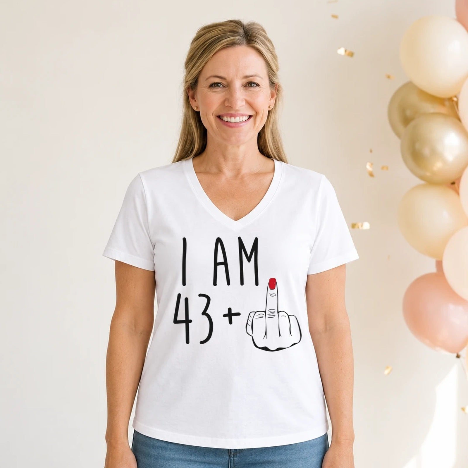 I Am 43 + Middle Finger - Funny 44th Birthday T-Shirt for Women - White V-Neck