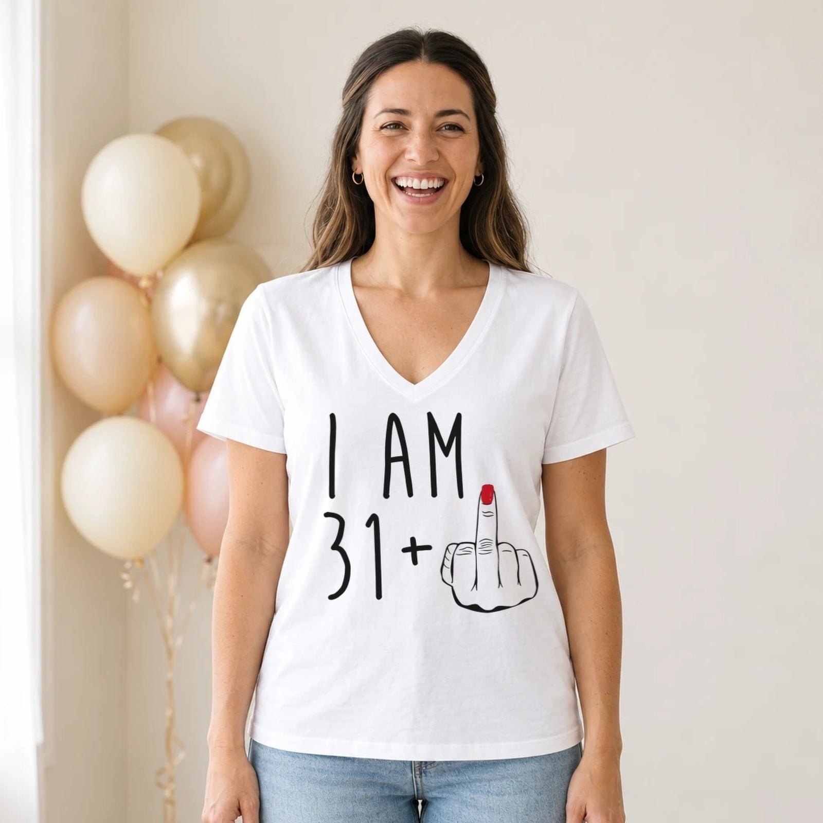 I Am 31 + Middle Finger - Funny 32nd Birthday T-Shirt for Women - White V-Neck