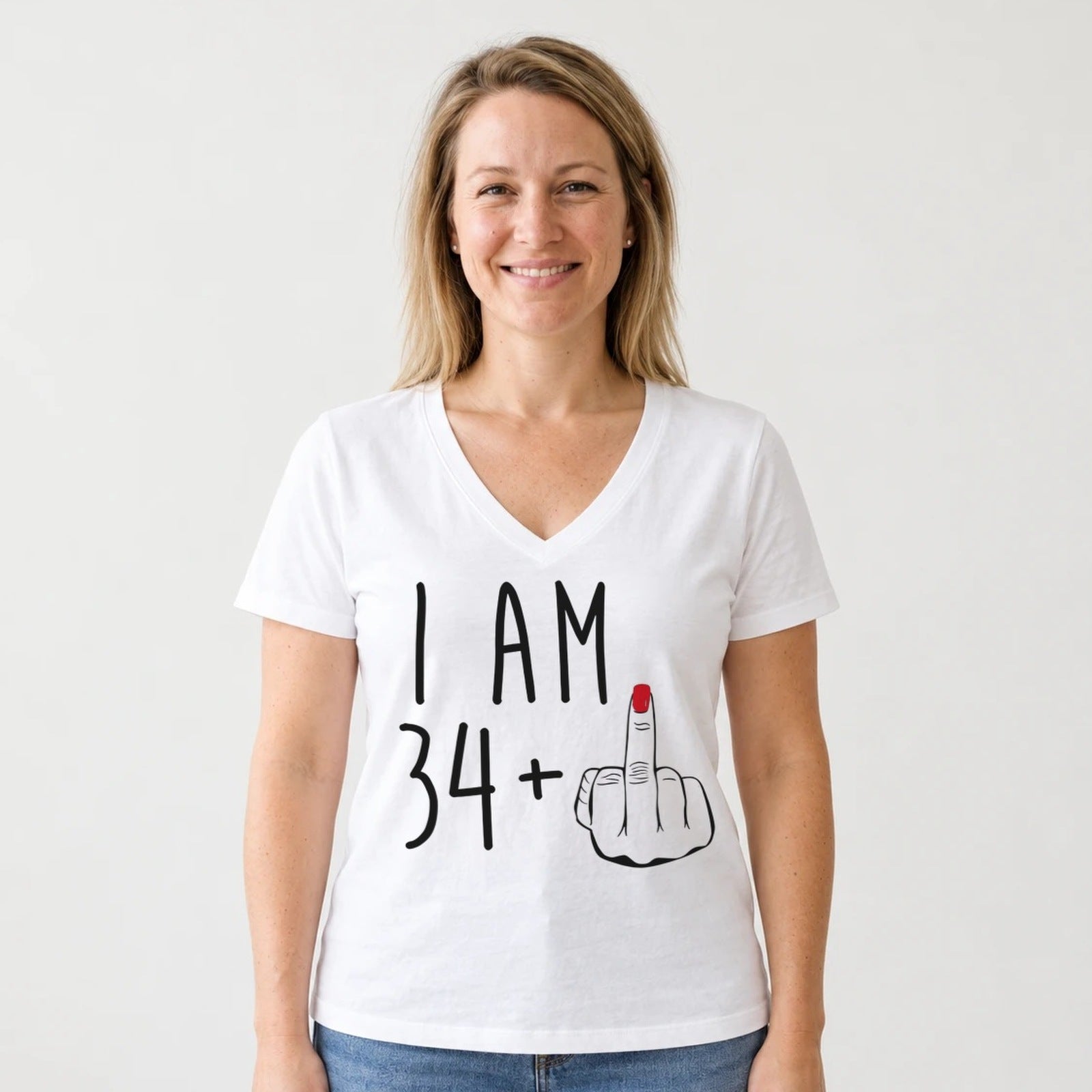 I Am 34 + Middle Finger - Funny 35th Birthday T-Shirt for Women - White V-Neck