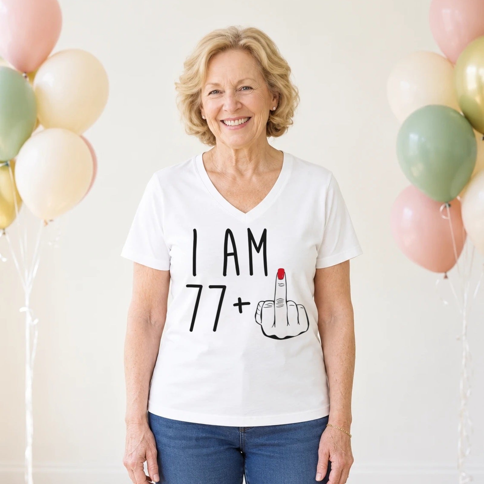 I Am 77 + Middle Finger - Funny 78th Birthday T-Shirt for Women - White V-Neck