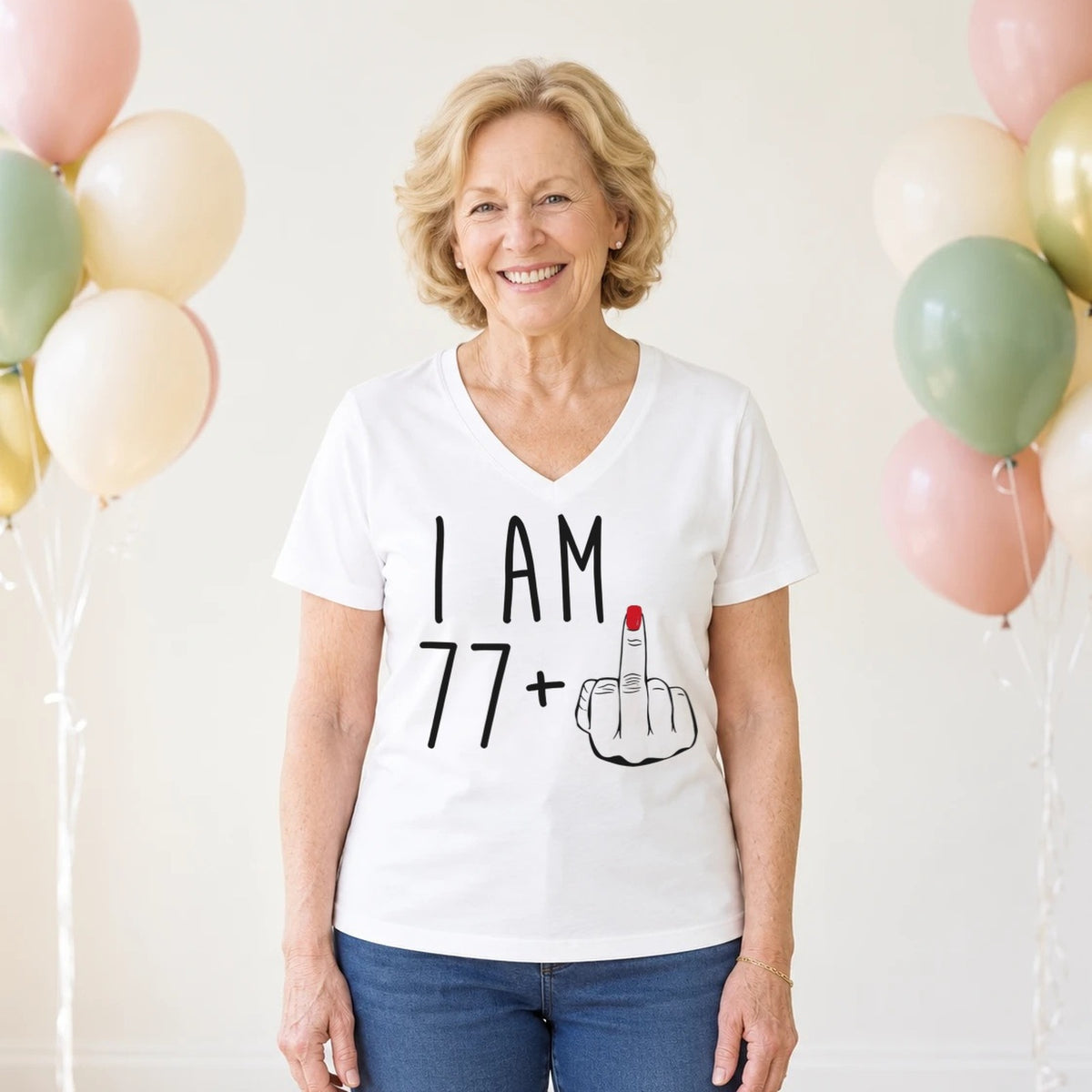 I Am 77 + Middle Finger - Funny 78th Birthday T-Shirt for Women - White V-Neck