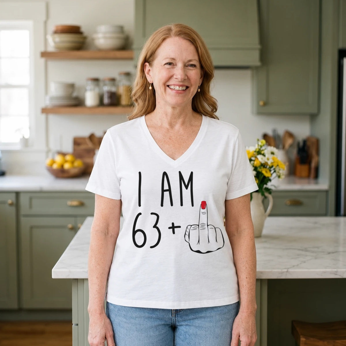 I Am 63 + Middle Finger - Funny 64th Birthday T-Shirt for Women - White V-Neck