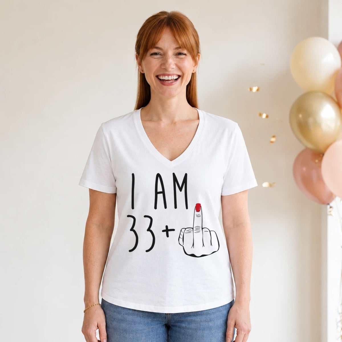 I Am 33 + Middle Finger - Funny 34th Birthday T-Shirt for Women - White V-Neck
