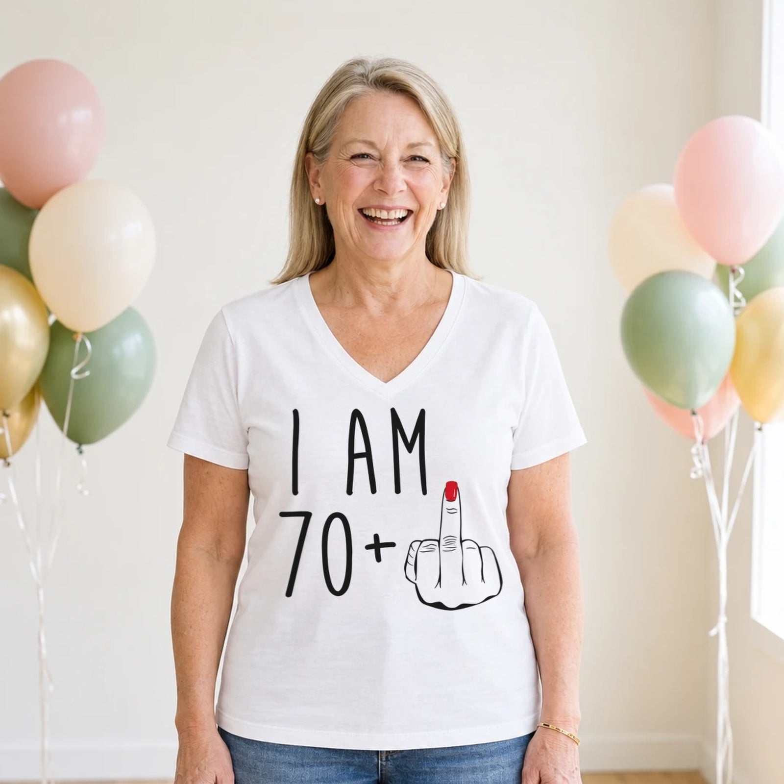 I Am 70 + Middle Finger - Funny 71st Birthday T-Shirt for Women - White V-Neck