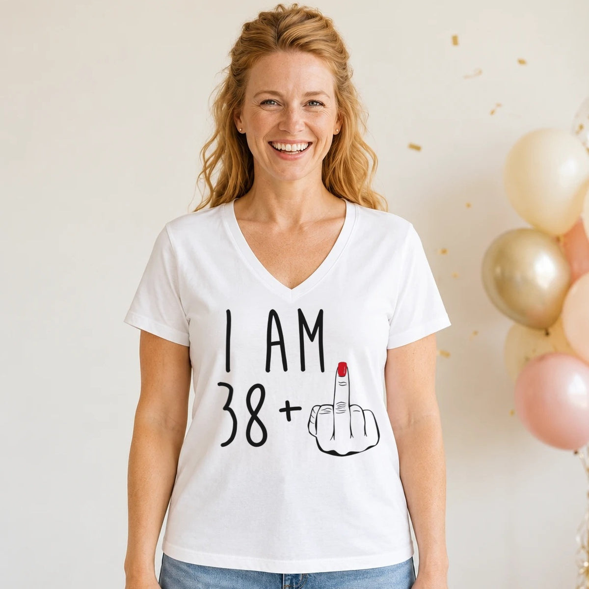 I Am 38 + Middle Finger - Funny 39th Birthday T-Shirt for Women - White V-Neck