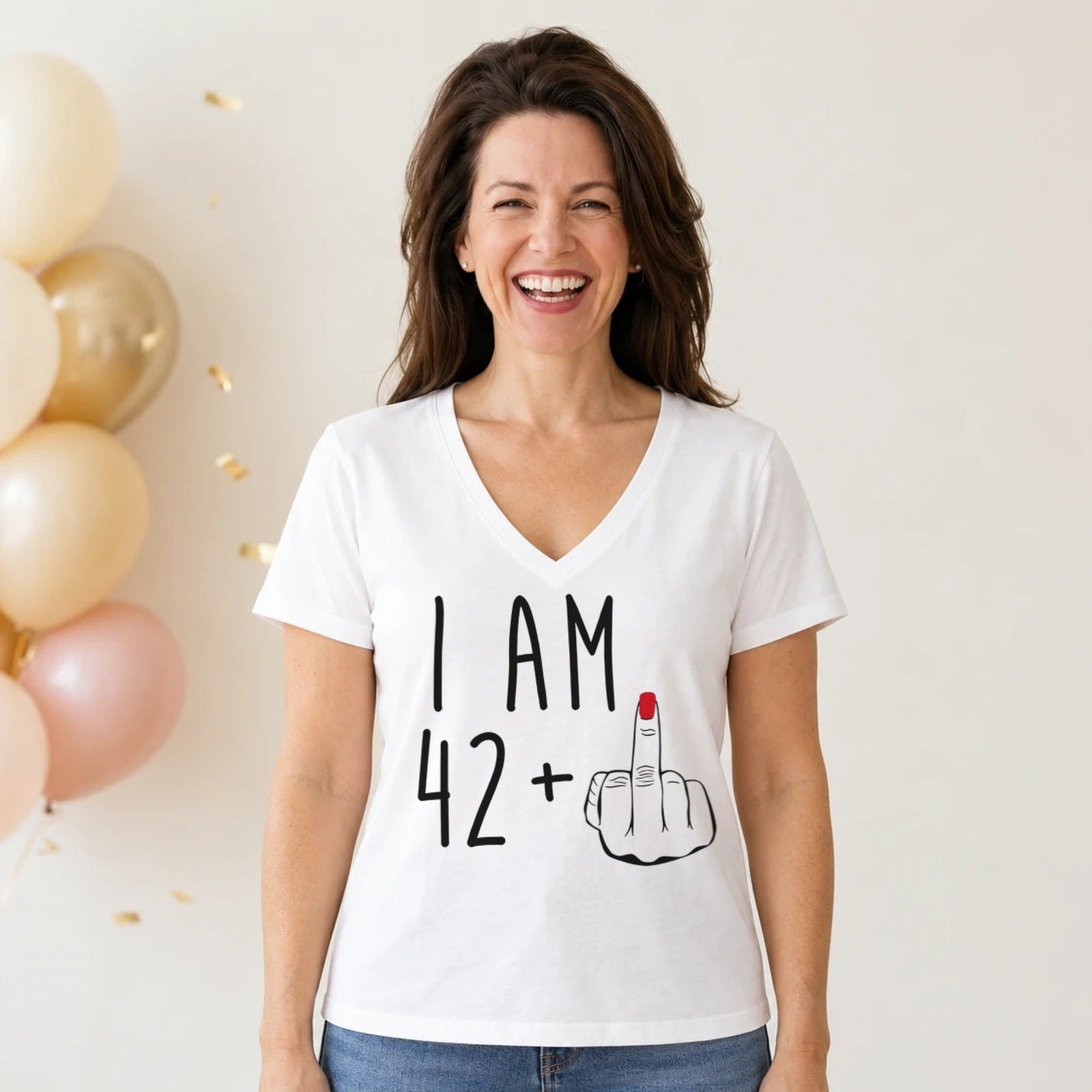 I Am 42 + Middle Finger - Funny 43rd Birthday T-Shirt for Women - White V-Neck