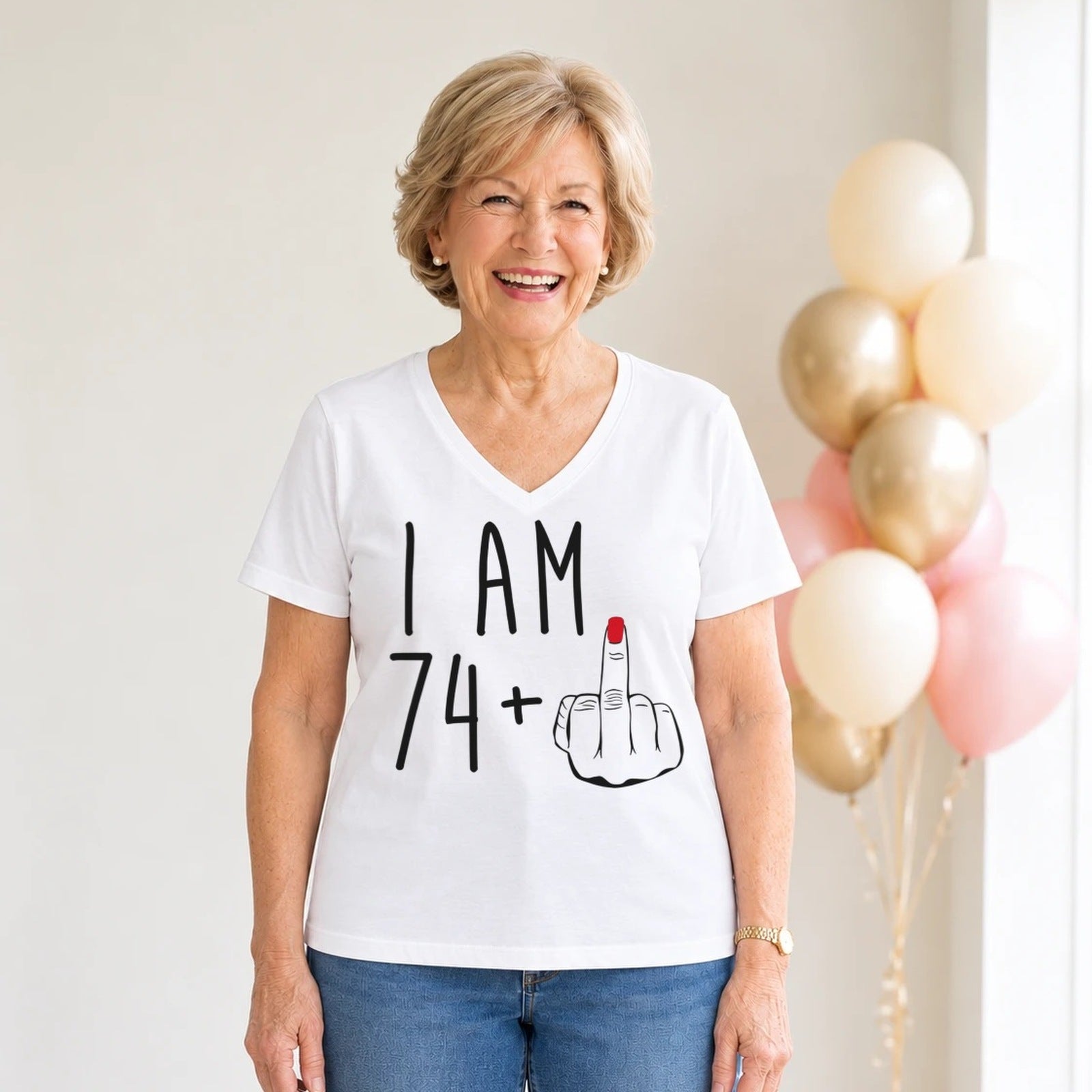 I Am 74 + Middle Finger - Funny 75th Birthday T-Shirt for Women - White V-Neck