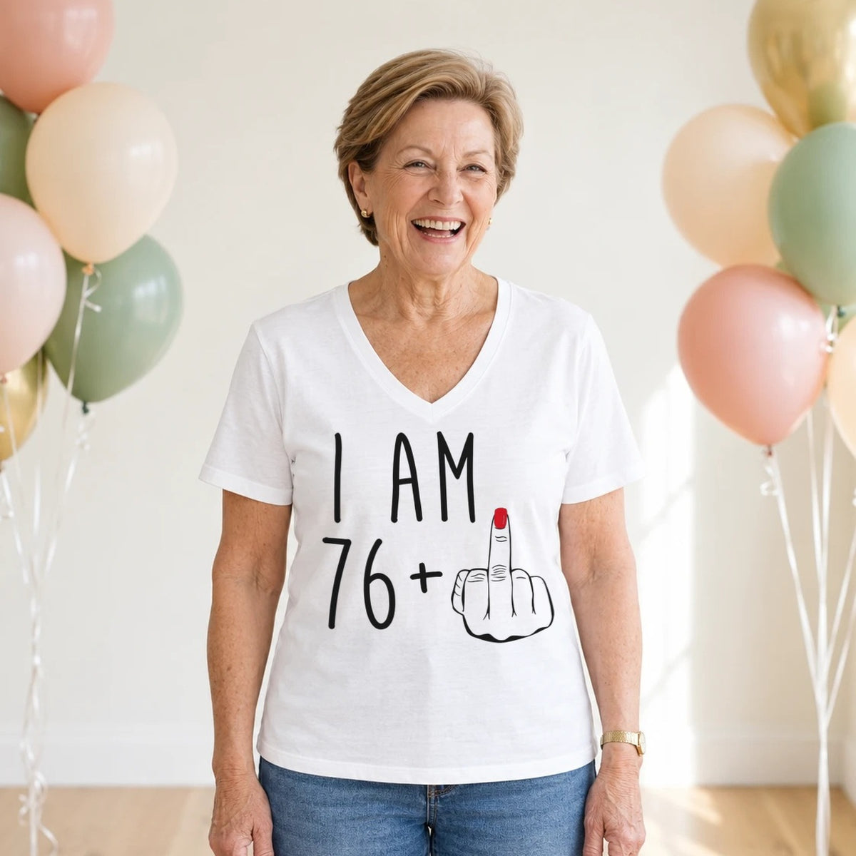 I Am 76 + Middle Finger - Funny 77th Birthday T-Shirt for Women - White V-Neck
