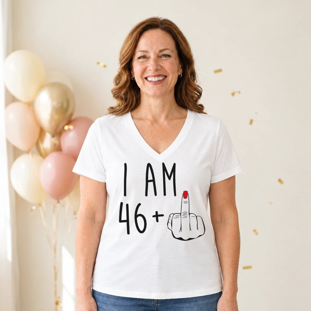 I Am 46 + Middle Finger - Funny 47th Birthday T-Shirt for Women - White V-Neck