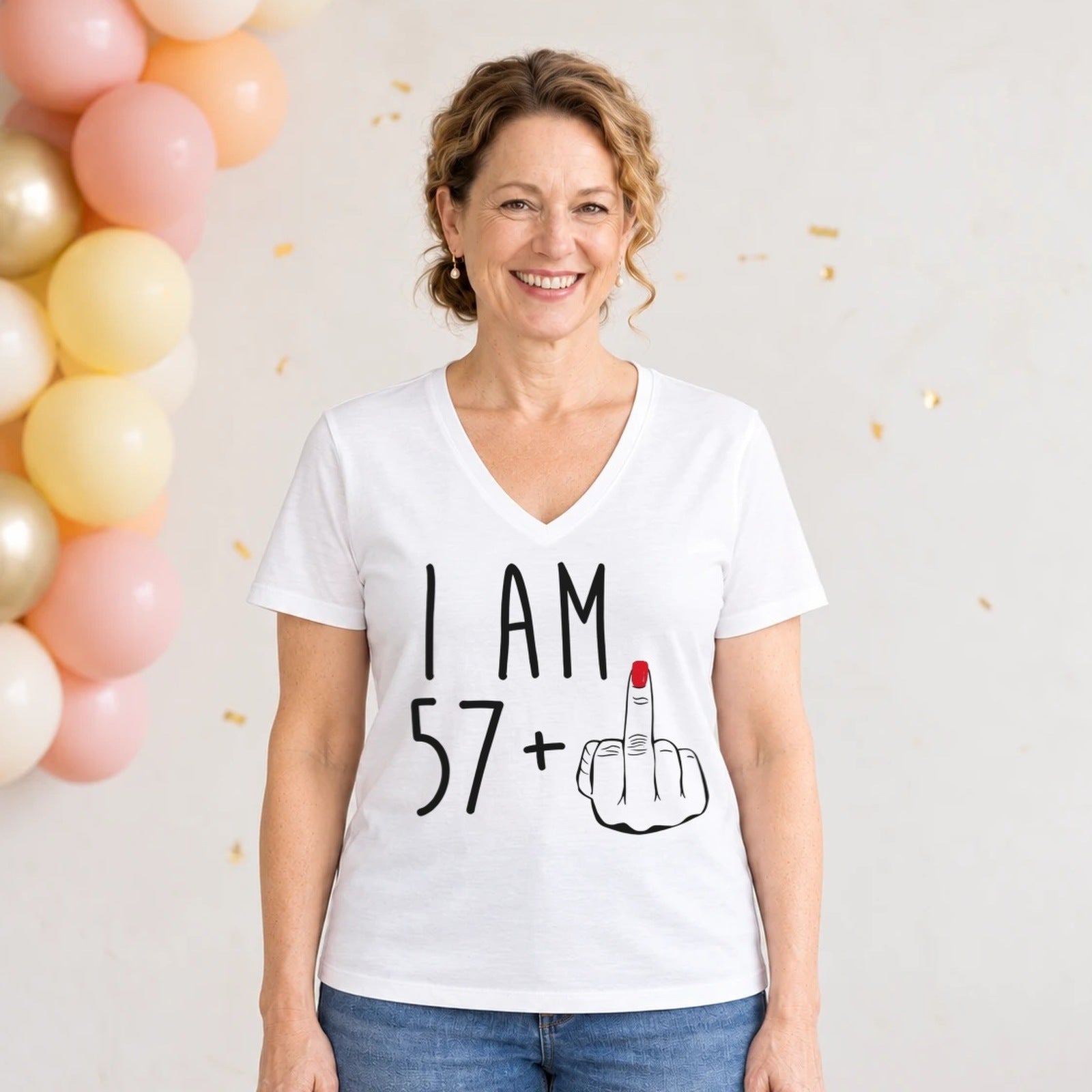 I Am 57 + Middle Finger - Funny 58th Birthday T-Shirt for Women - White V-Neck