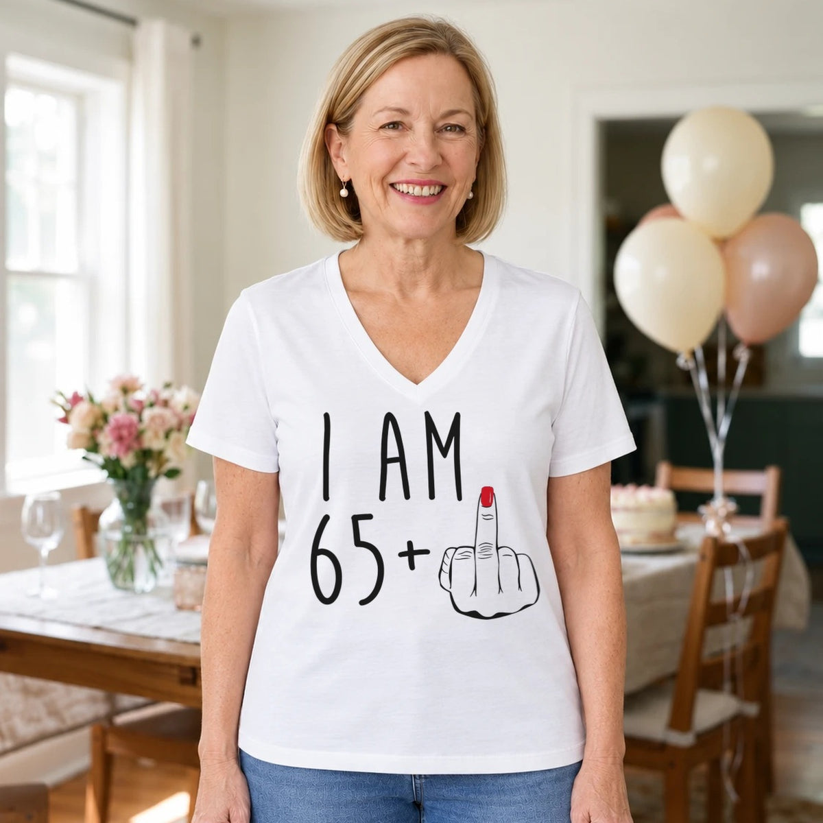 I Am 65 + Middle Finger - Funny 66th Birthday T-Shirt for Women - White V-Neck