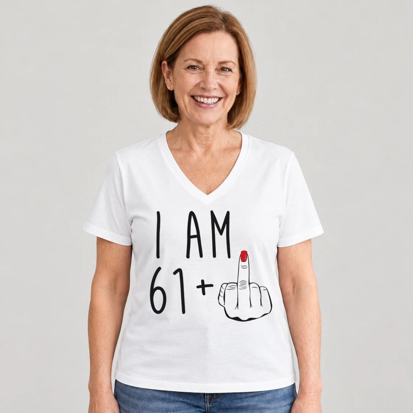 I Am 61 + Middle Finger - Funny 62nd Birthday T-Shirt for Women - White V-Neck