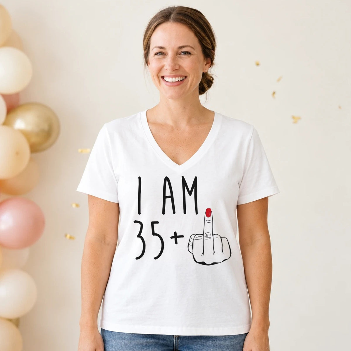 I Am 35 + Middle Finger - Funny 36th Birthday T-Shirt for Women - White V-Neck