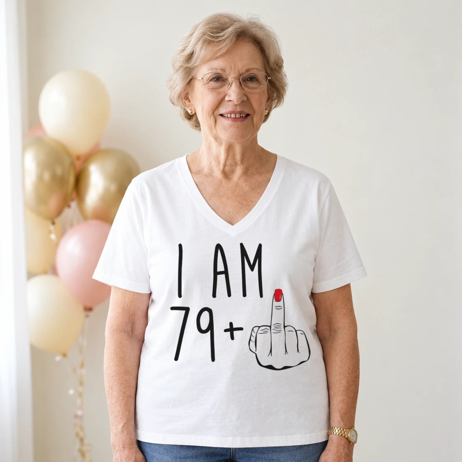 I Am 79 + Middle Finger - Funny 80th Birthday T-Shirt for Women - White V-Neck
