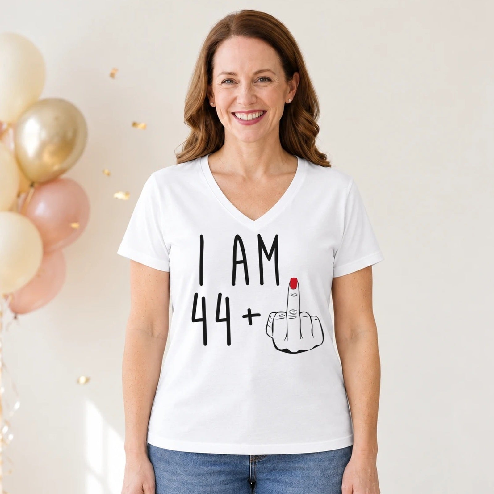 I Am 44 + Middle Finger - Funny 45th Birthday T-Shirt for Women - White V-Neck
