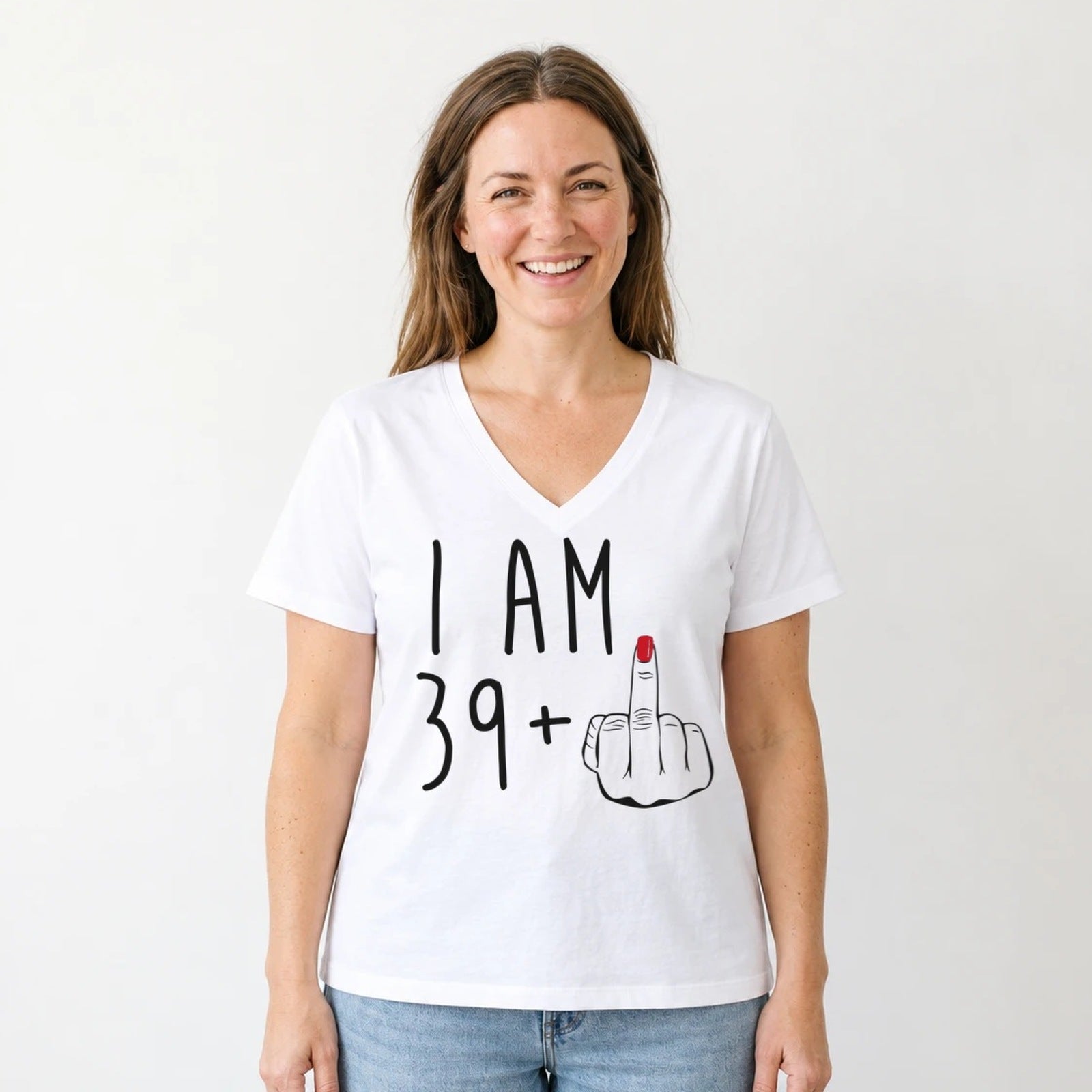 I Am 39 + Middle Finger - Funny 40th Birthday T-Shirt for Women - White V-Neck