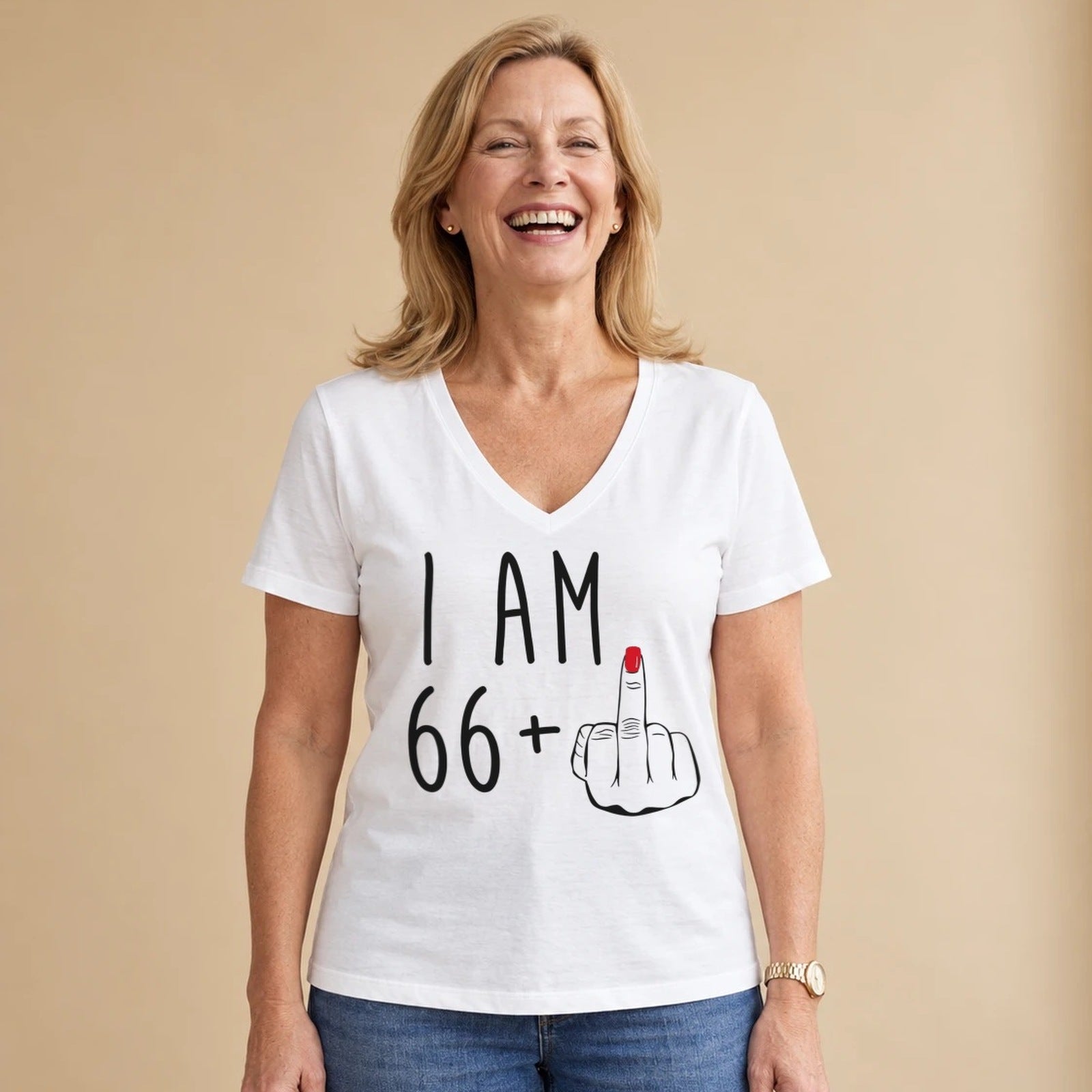 I Am 66 + Middle Finger - Funny 67th Birthday T-Shirt for Women - White V-Neck