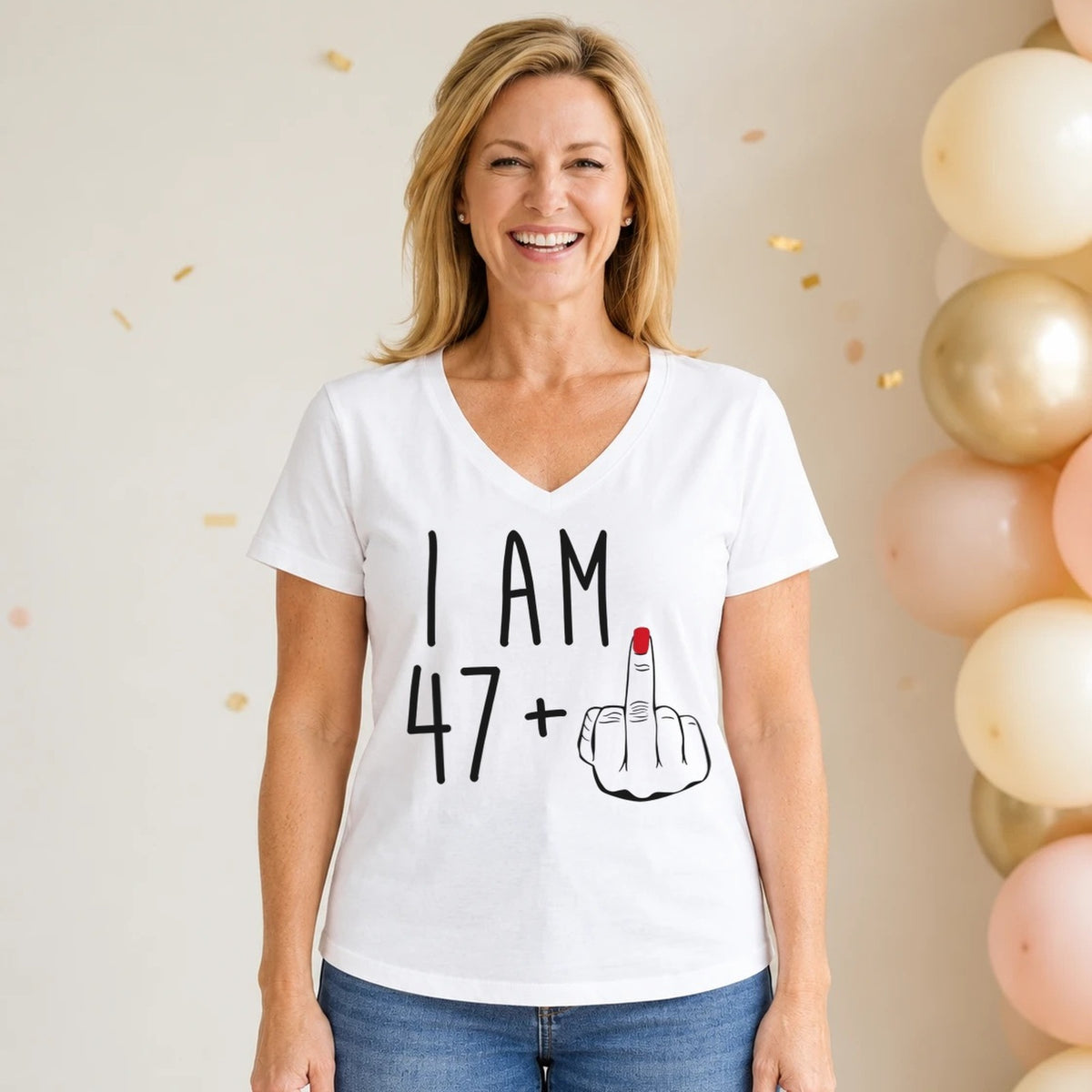 I Am 47 + Middle Finger - Funny 48th Birthday T-Shirt for Women - White V-Neck
