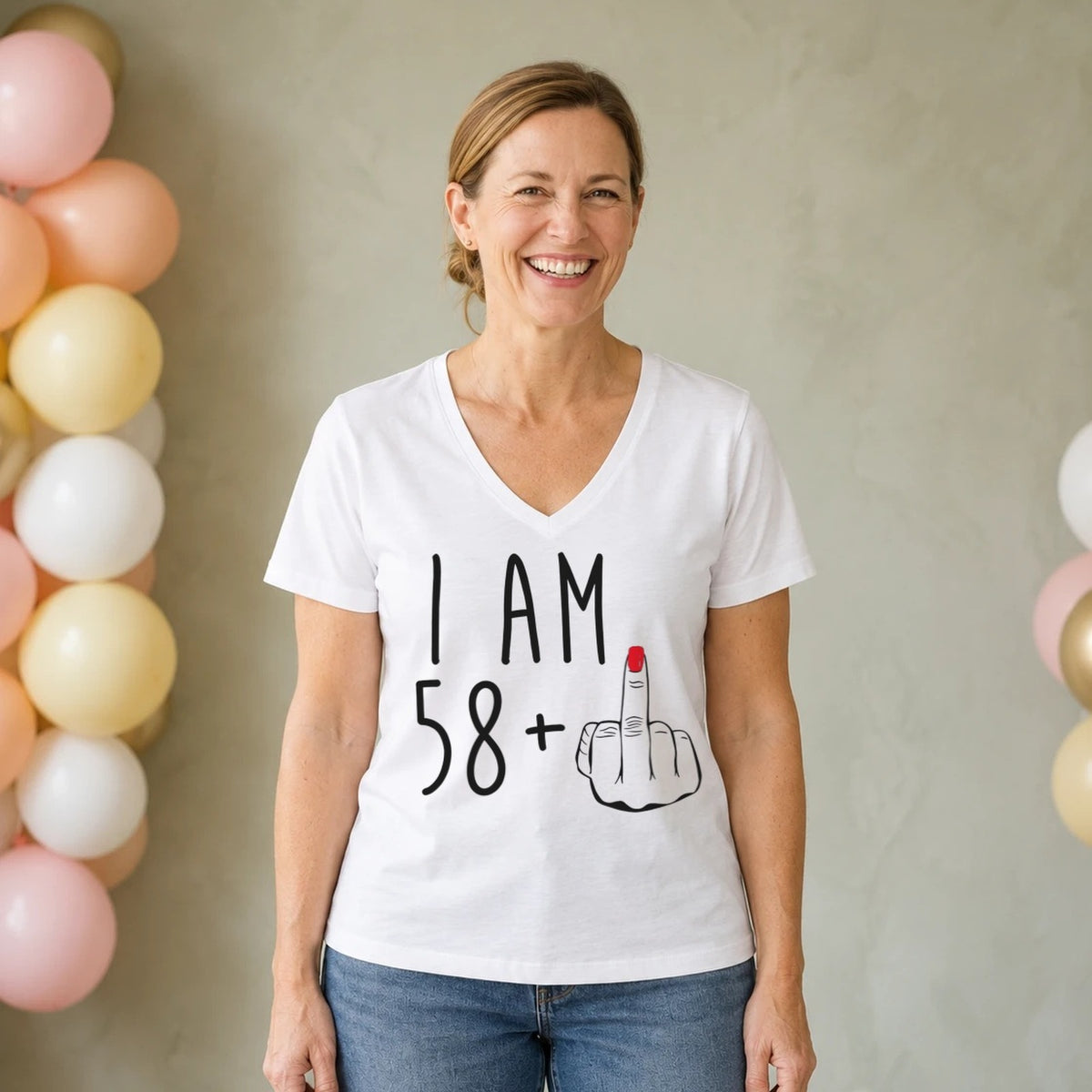 I Am 58 + Middle Finger - Funny 59th Birthday T-Shirt for Women - White V-Neck