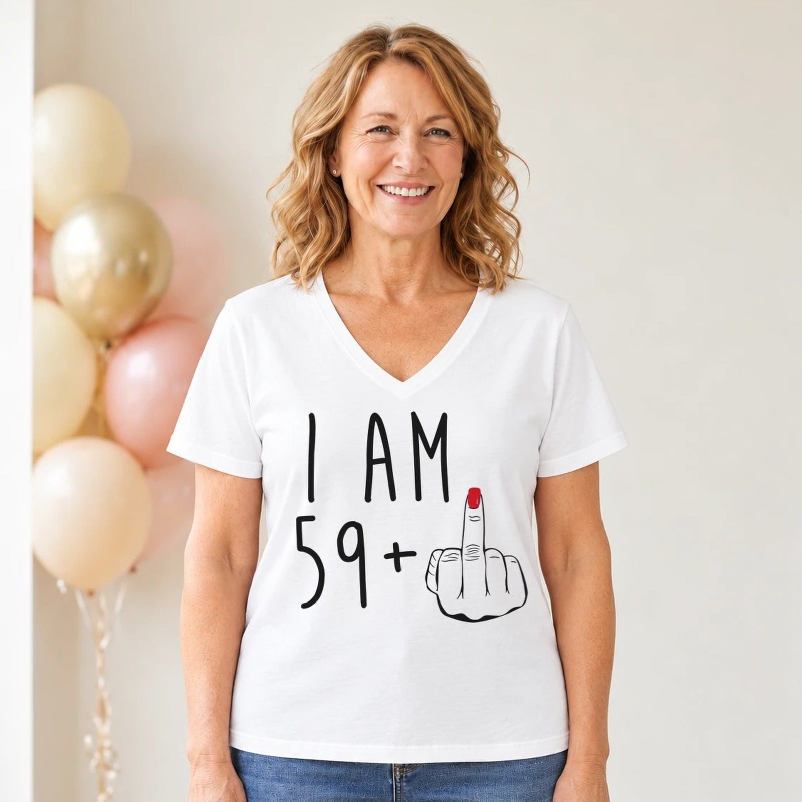 I Am 59 + Middle Finger - Funny 60th Birthday T-Shirt for Women - White V-Neck