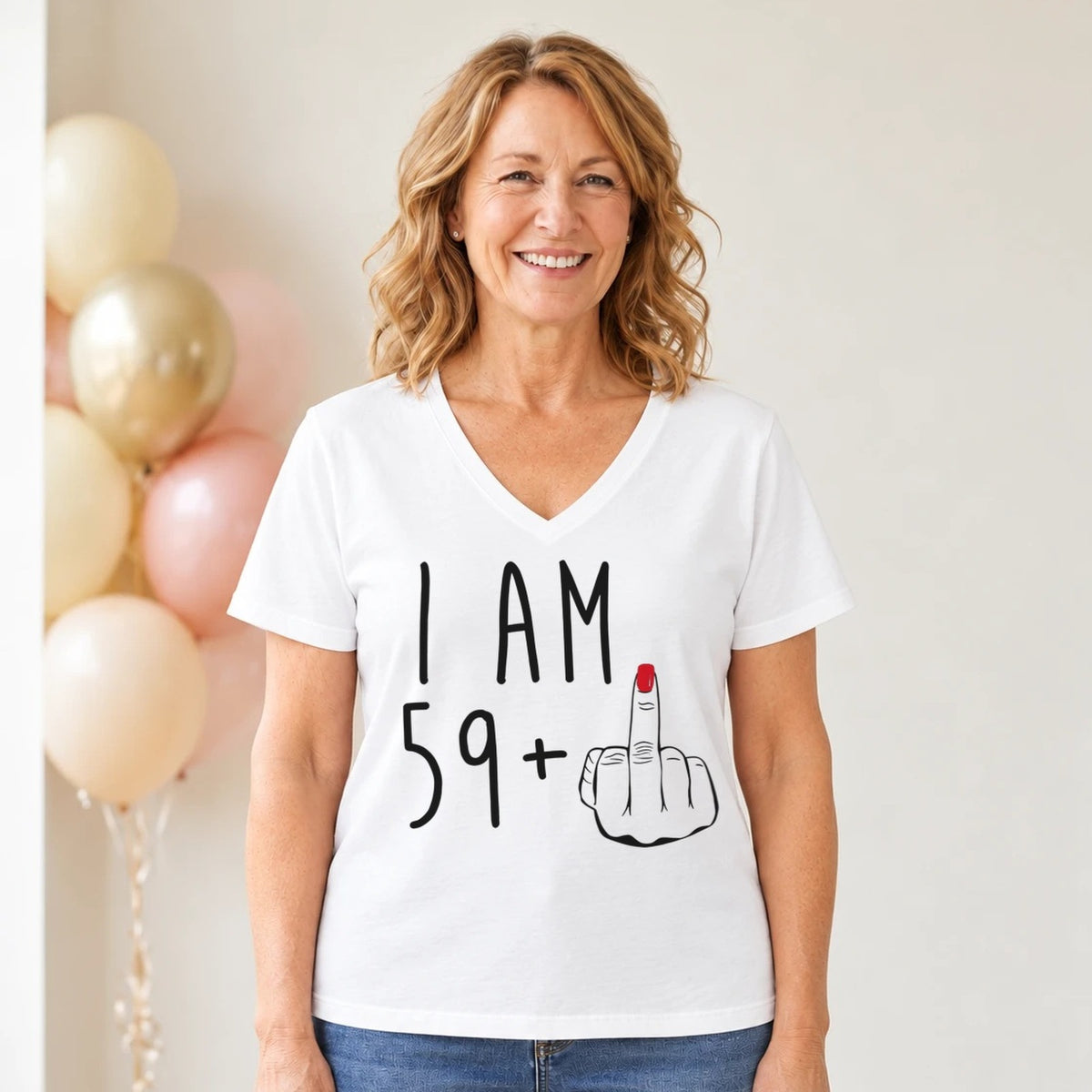 I Am 59 + Middle Finger - Funny 60th Birthday T-Shirt for Women - White V-Neck