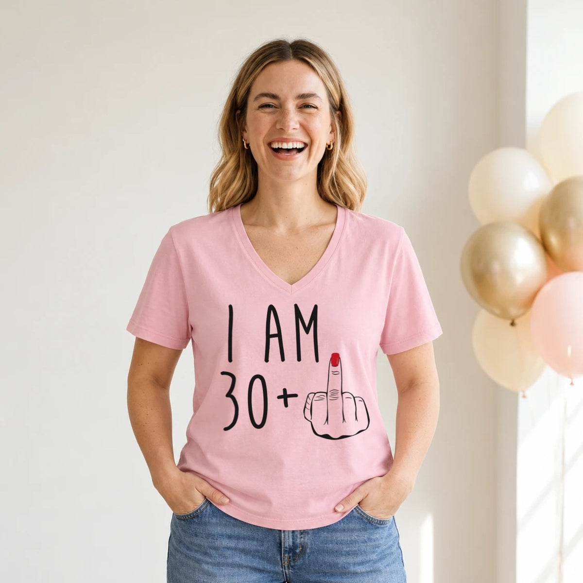 I Am 30 + Middle Finger - Funny 31st Birthday T-Shirt for Women - Blush Pink V-Neck
