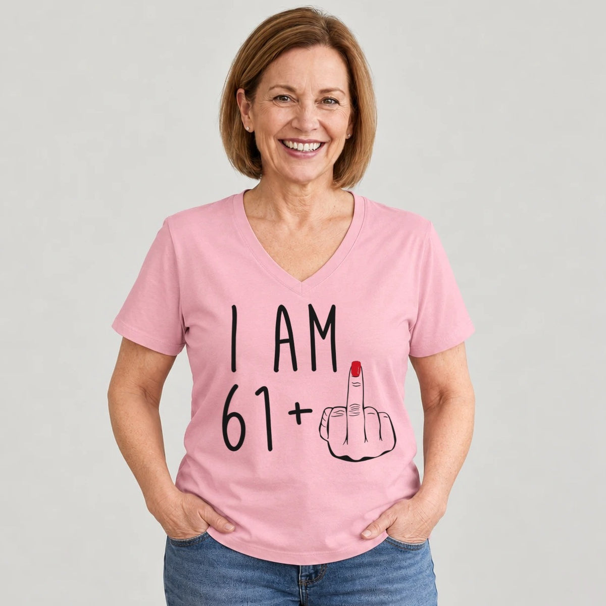 I Am 61 + Middle Finger - Funny 62nd Birthday T-Shirt for Women - Blush Pink V-Neck