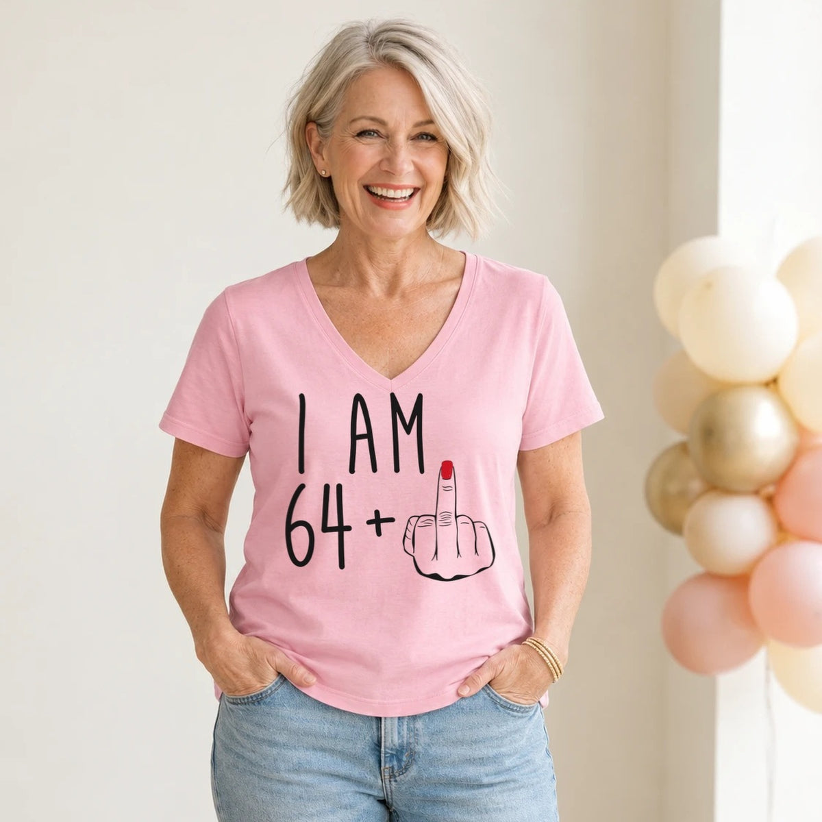 I Am 64 + Middle Finger - Funny 65th Birthday T-Shirt for Women - Blush Pink V-Neck