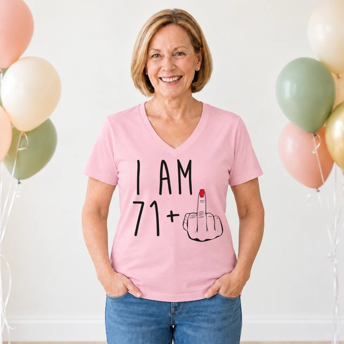 I Am 71 + Middle Finger - Funny 72nd Birthday T-Shirt for Women - Blush Pink V-Neck