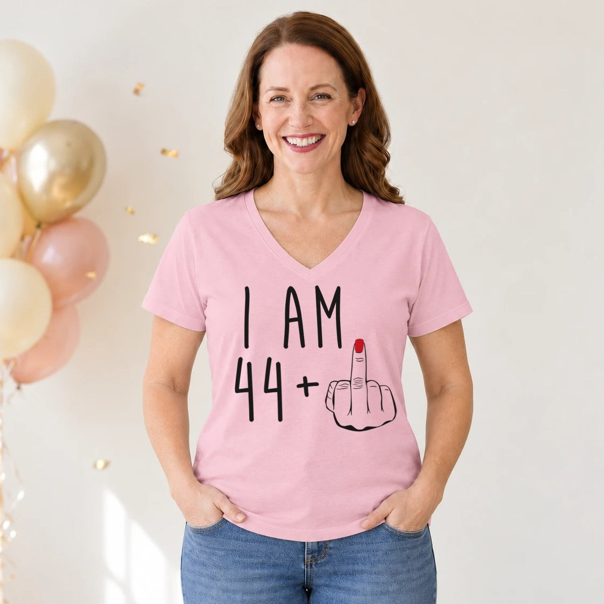 I Am 44 + Middle Finger - Funny 45th Birthday T-Shirt for Women - Blush Pink V-Neck