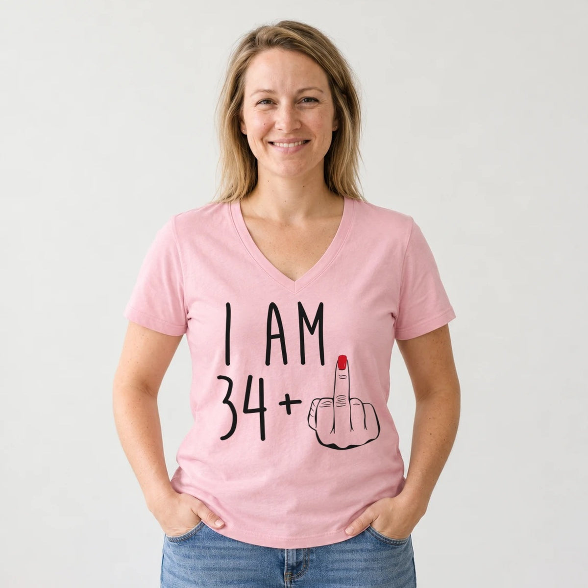 I Am 34 + Middle Finger - Funny 35th Birthday T-Shirt for Women - Blush Pink V-Neck