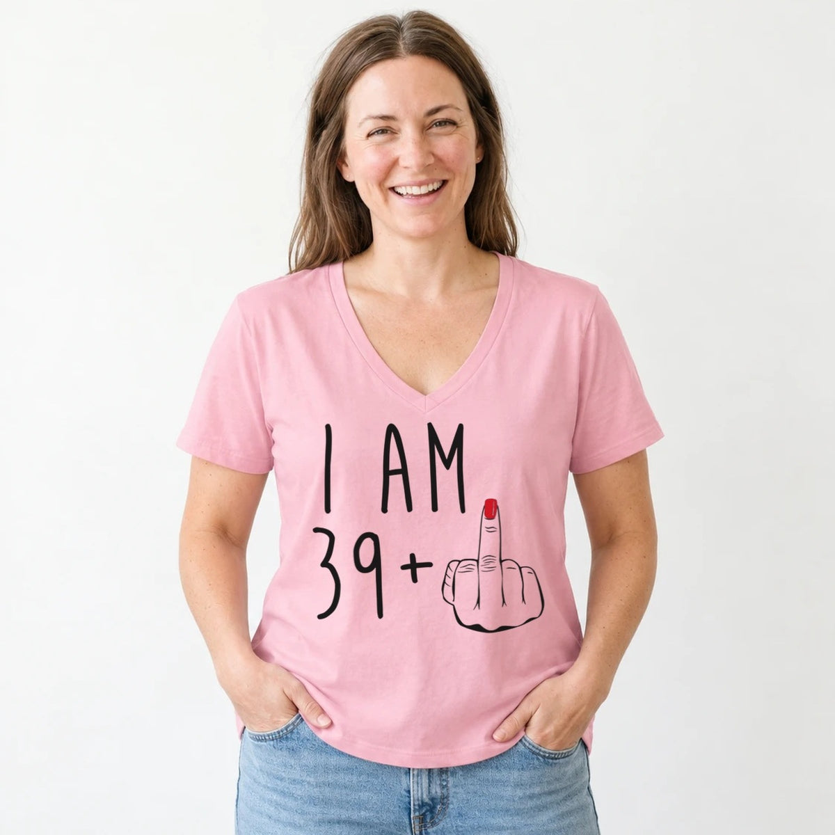 I Am 39 + Middle Finger - Funny 40th Birthday T-Shirt for Women - Blush Pink V-Neck