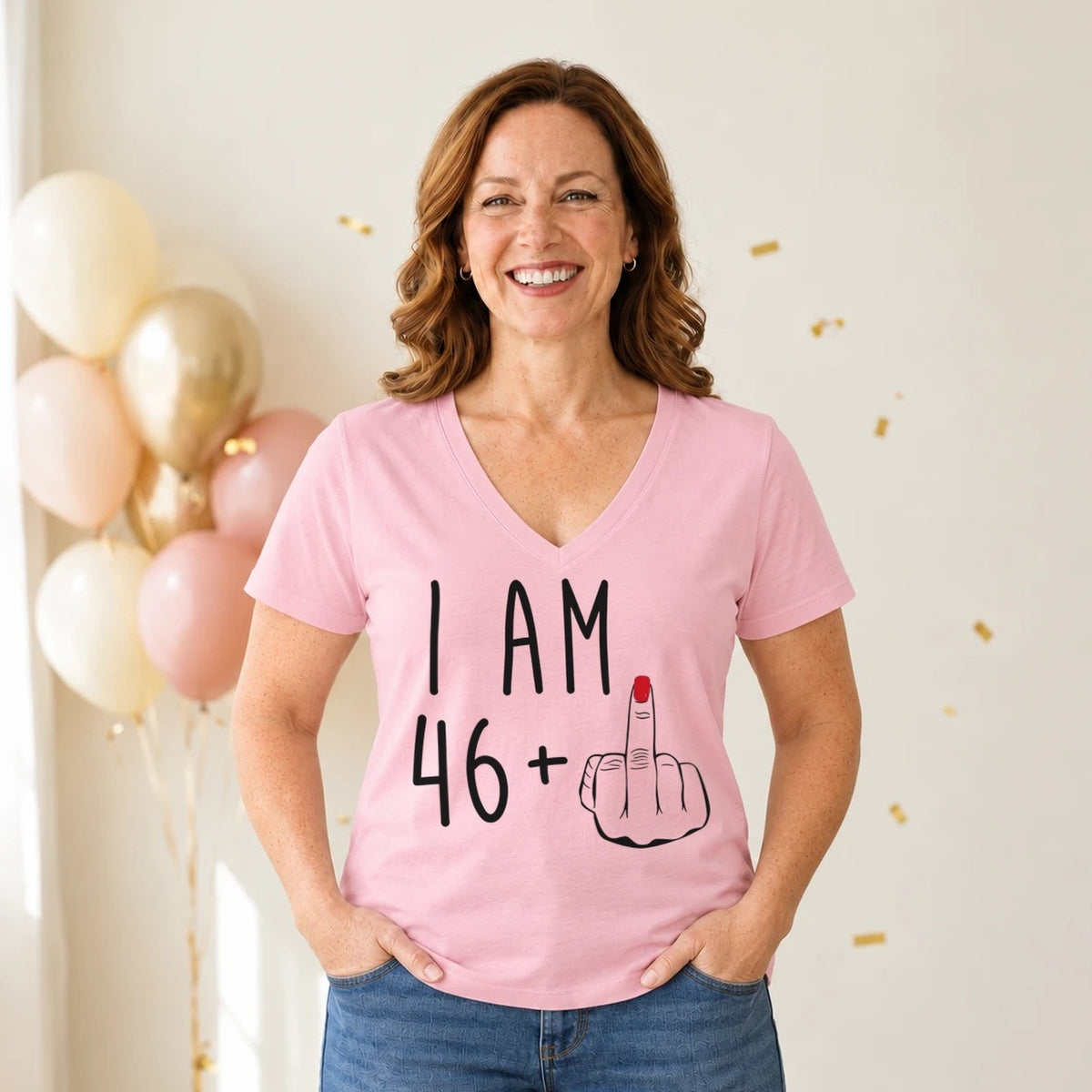 I Am 46 + Middle Finger - Funny 47th Birthday T-Shirt for Women - Blush Pink V-Neck