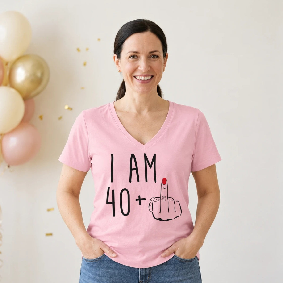 I Am 40 + Middle Finger - Funny 41st Birthday T-Shirt for Women - Blush Pink V-Neck