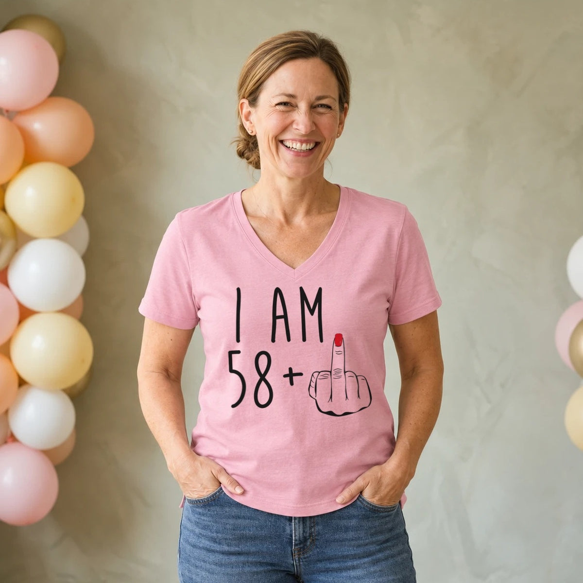 I Am 58 + Middle Finger - Funny 59th Birthday T-Shirt for Women - Blush Pink V-Neck