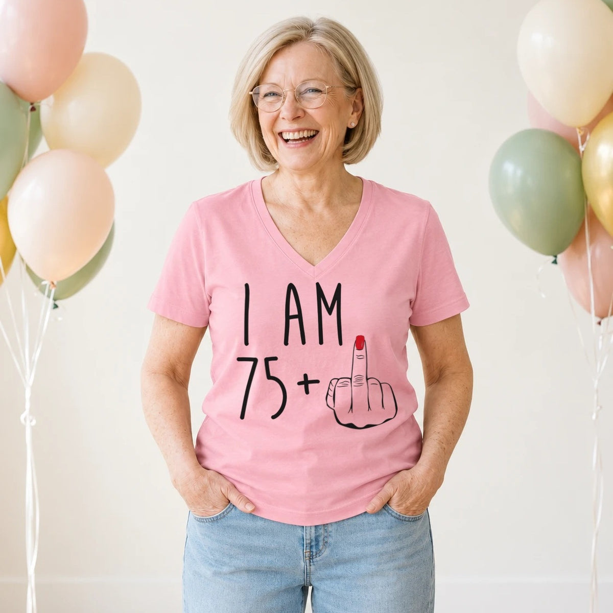 I Am 75 + Middle Finger - Funny 76th Birthday T-Shirt for Women - Blush Pink V-Neck