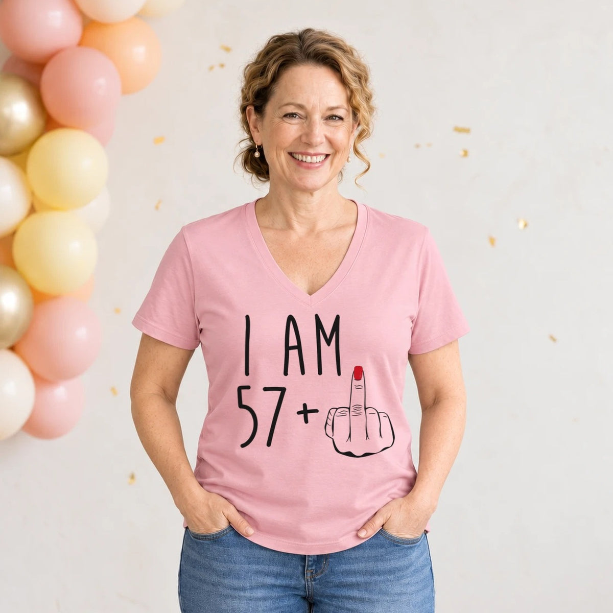 I Am 57 + Middle Finger - Funny 58th Birthday T-Shirt for Women - Blush Pink V-Neck