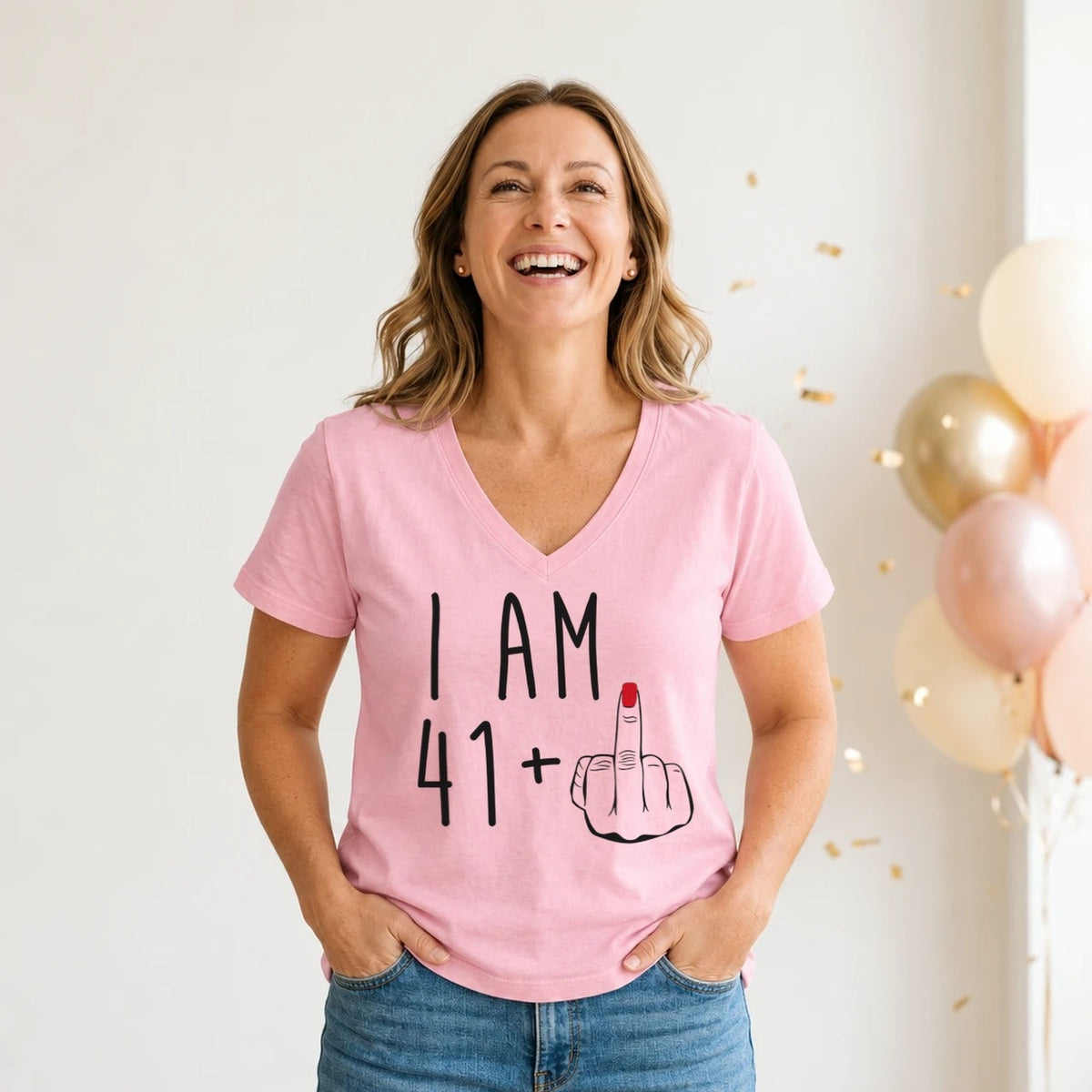 I Am 41 + Middle Finger - Funny 42nd Birthday T-Shirt for Women - Blush Pink V-Neck