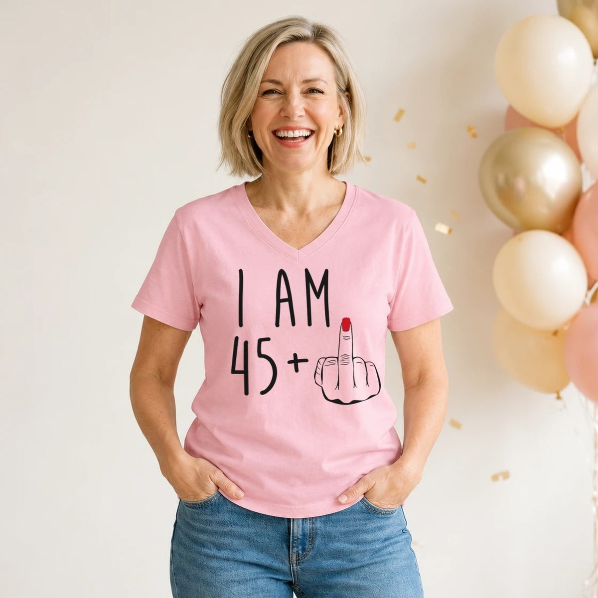 I Am 45 + Middle Finger - Funny 46th Birthday T-Shirt for Women - Blush Pink V-Neck