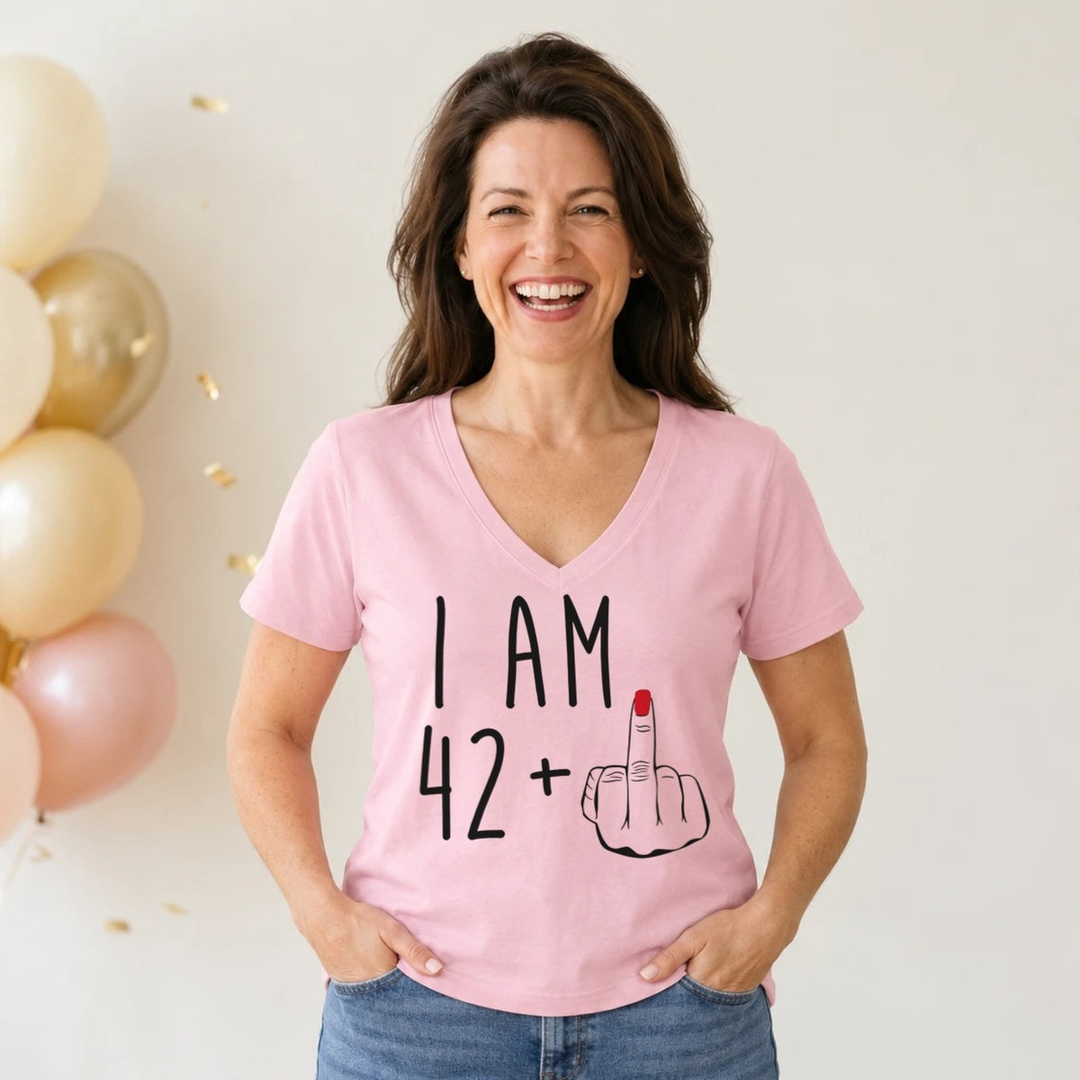 I Am 42 + Middle Finger - Funny 43rd Birthday T-Shirt for Women - Blush Pink V-Neck