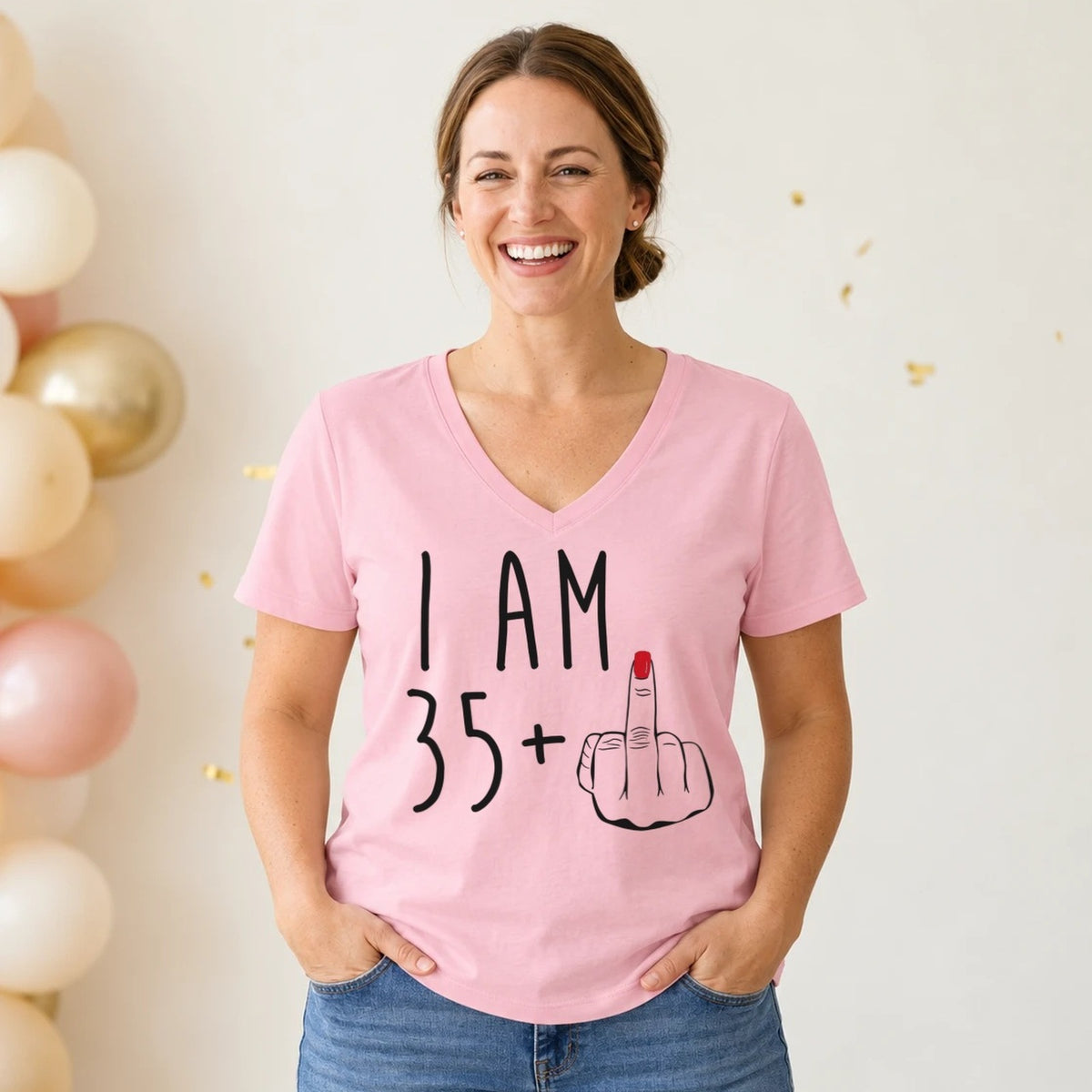 I Am 35 + Middle Finger - Funny 36th Birthday T-Shirt for Women - Blush Pink V-Neck