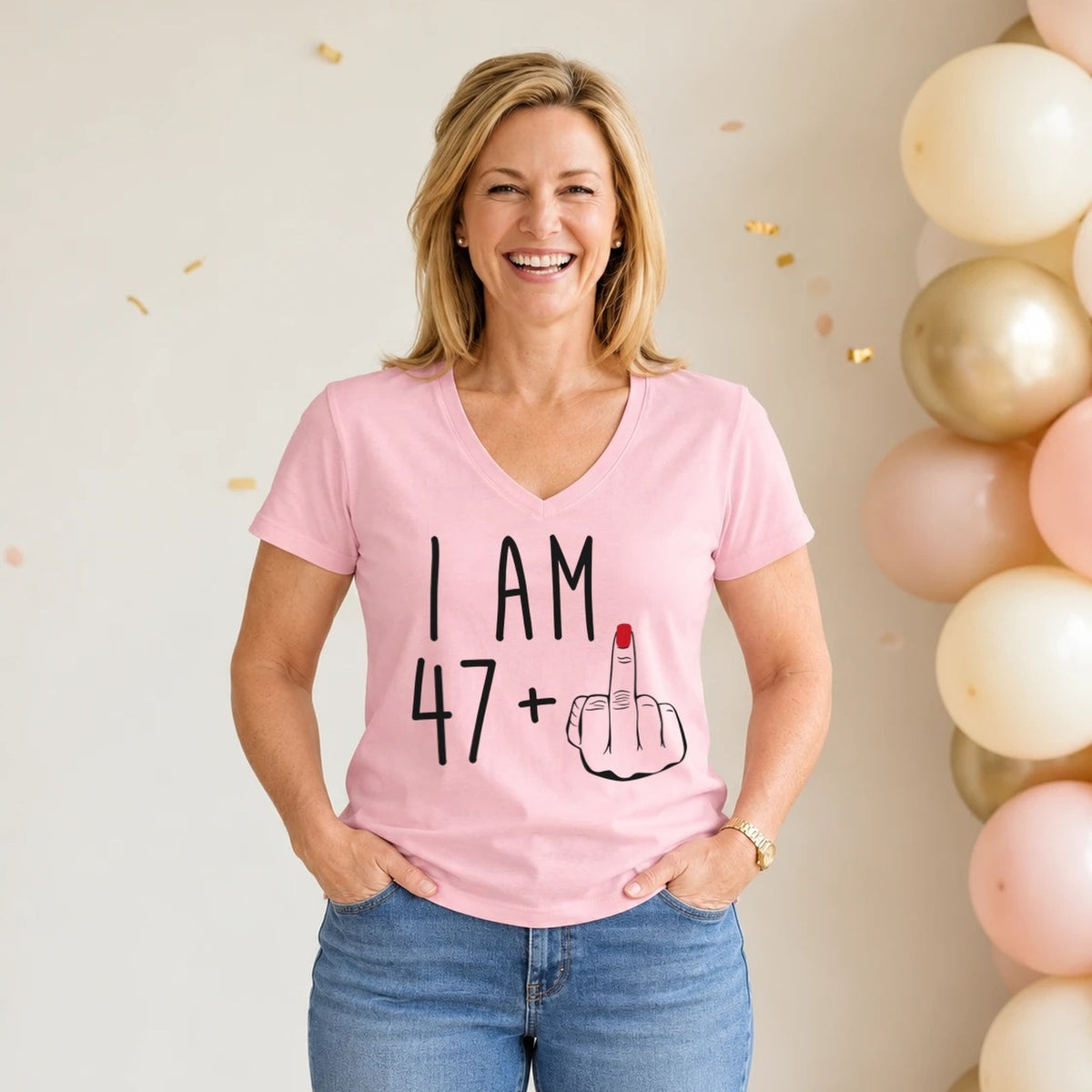 I Am 47 + Middle Finger - Funny 48th Birthday T-Shirt for Women - Blush Pink V-Neck